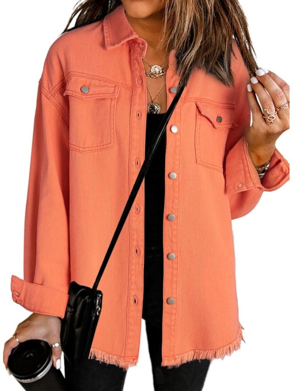 Women's Oversized Denim Jacket Casual Long Sleeve Denim Shirt Jean Jacket Orange